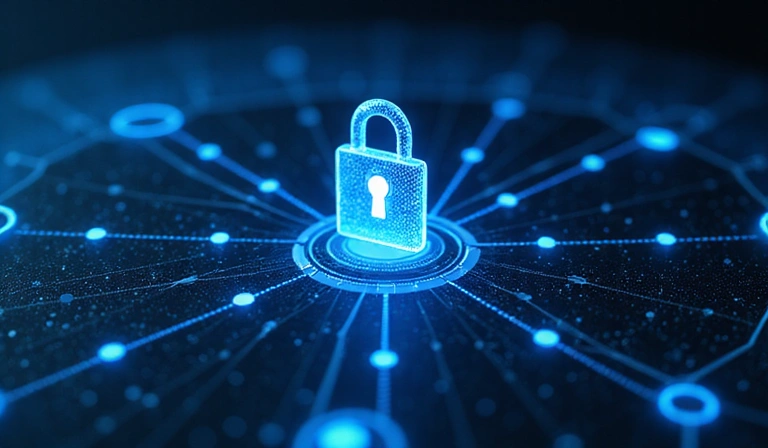 Ilustración de una red segura de transferencia de datos con un candado en el centro