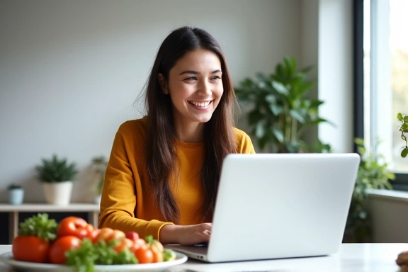 Mujer joven sonriendo mientras usa una laptop, simbolizando la facilidad de una consulta online.