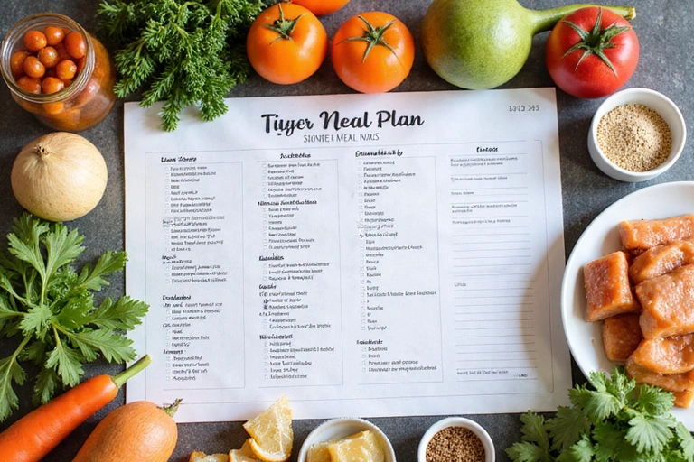 Un plan de comidas personalizado con ingredientes saludables y recetas organizadas.